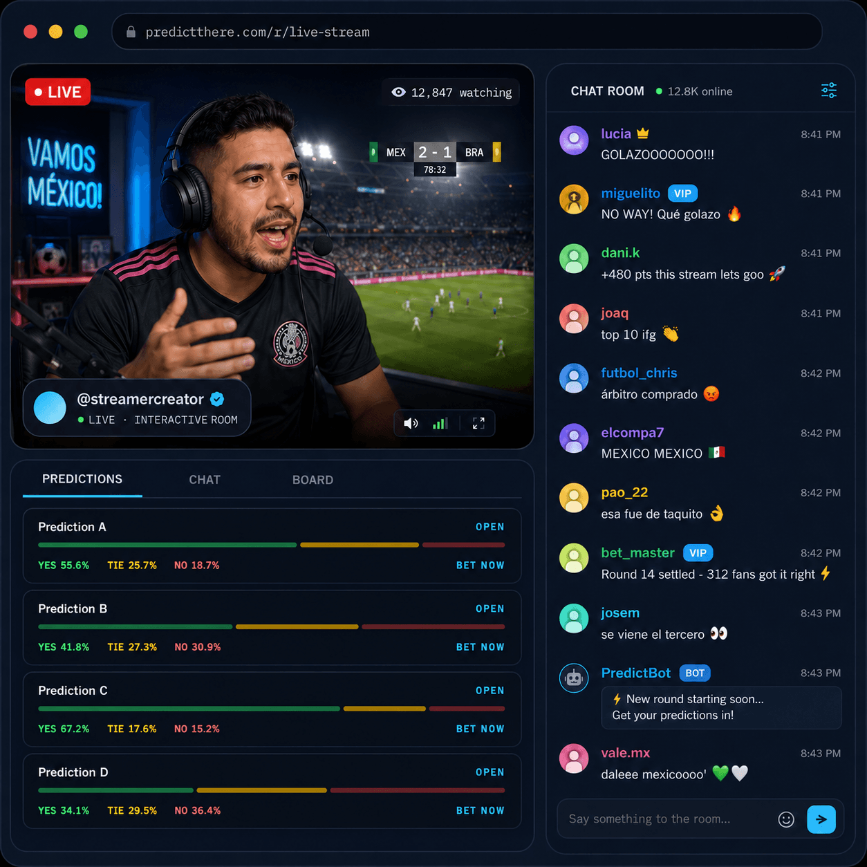 Predict Here Live Room — live stream with side chat and prediction markets